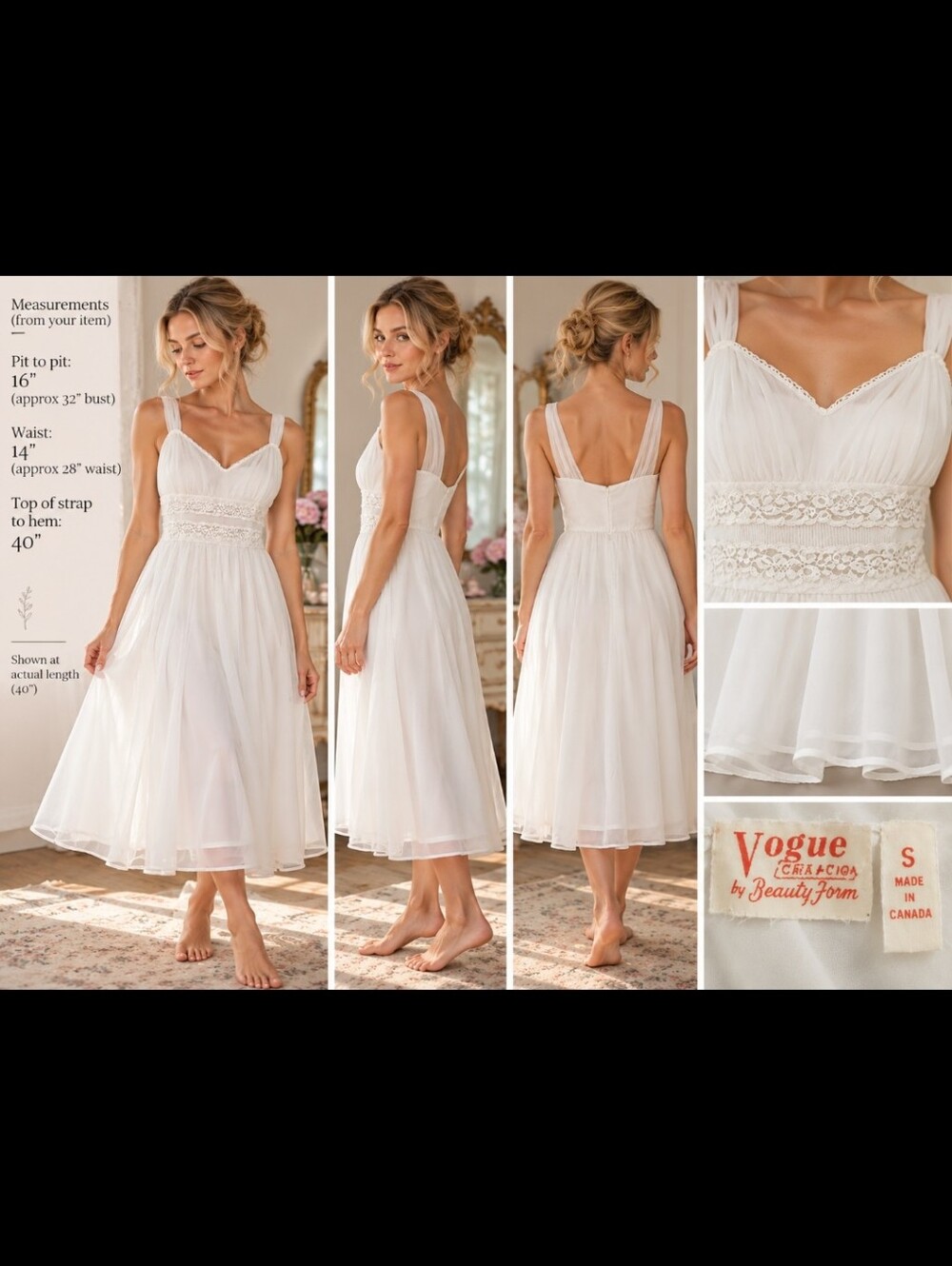 Vintage 1950s 60s Vogue Creation by Beauty Form White Chiffon Nightgown Small